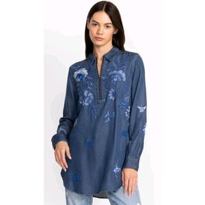 Johnny Was Workshop Jazmine Zipup Shirt Tunic Embroidered Lightweight Denim Sz S